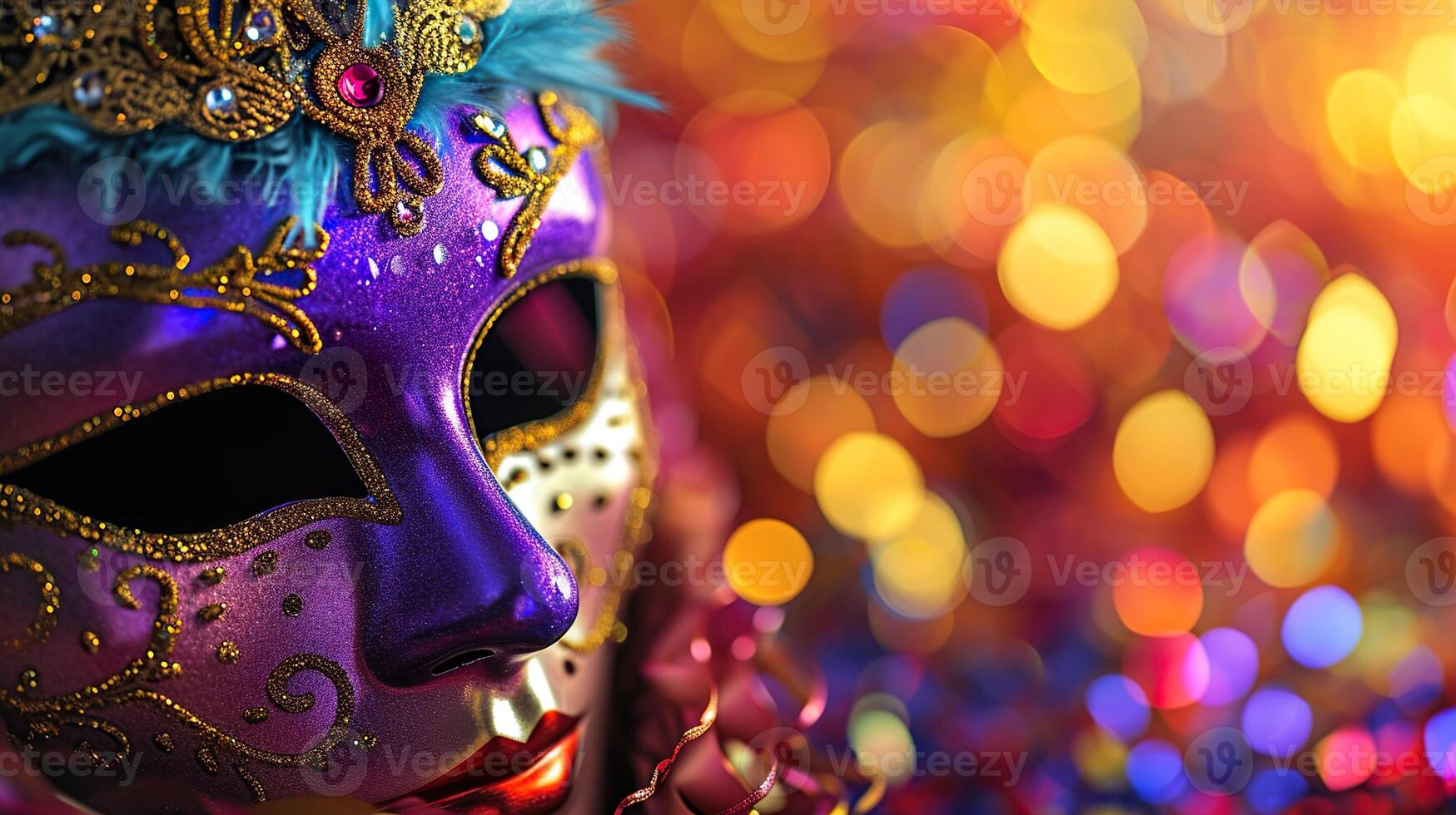 ai gerado colorida carnaval mascarada parada mascarar em borrado Sombrio azul fundo com bokeh luzes. cópia de espaço. para veneziano traje festival celebração, convite, promoção. foto