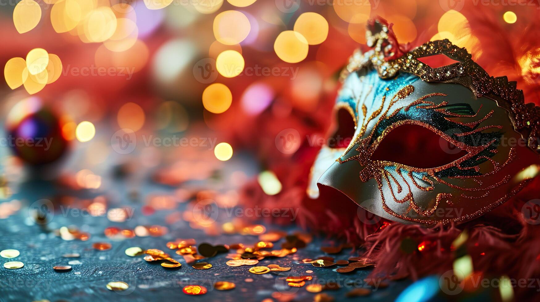 ai gerado colorida carnaval mascarada parada mascarar em borrado Sombrio azul fundo com bokeh luzes. cópia de espaço. para veneziano traje festival celebração, convite, promoção. foto