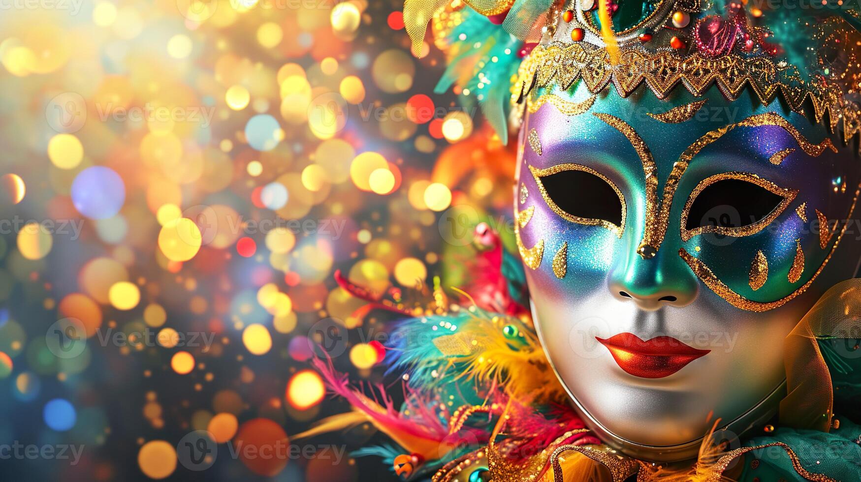 ai gerado colorida carnaval mascarada parada mascarar em borrado Sombrio azul fundo com bokeh luzes. cópia de espaço. para veneziano traje festival celebração, convite, promoção. foto