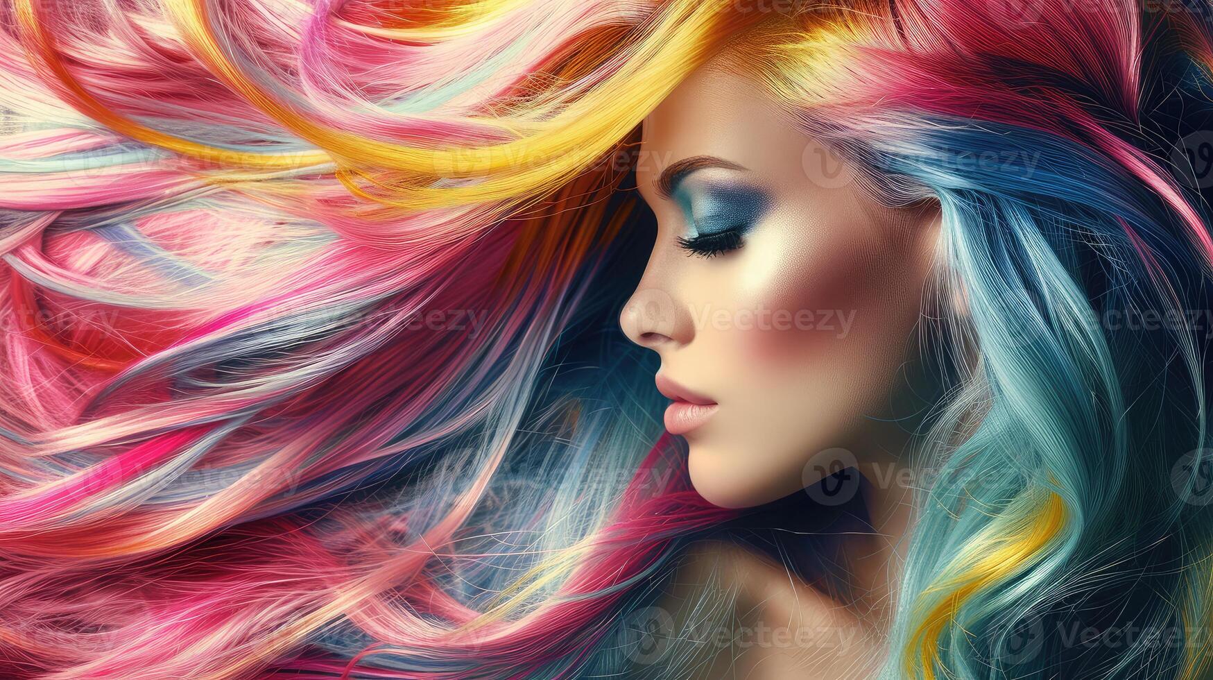 ai gerado lindo mulher com multi colori cabelo e criativo faço acima e Penteado. beleza face. foto