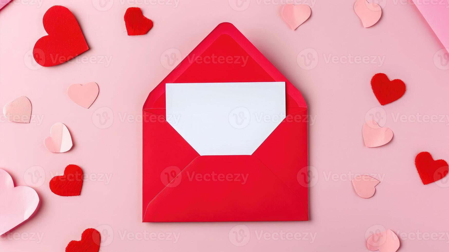 ai gerado vermelho papel envelope com em branco branco Nota brincar dentro e dia dos namorados corações em Rosa fundo. plano deitar, topo visualizar. romântico amor carta para dia dos namorados dia conceito foto