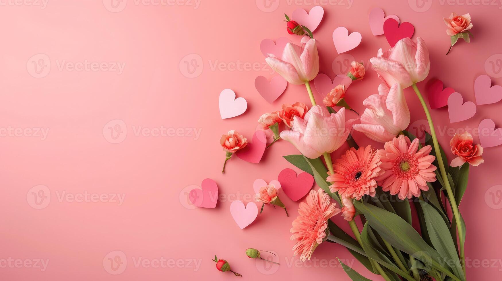 ai gerado ramalhete do lindo Primavera flores e papel corações em pastel Rosa mesa para feliz mães dia. plano deitar. foto