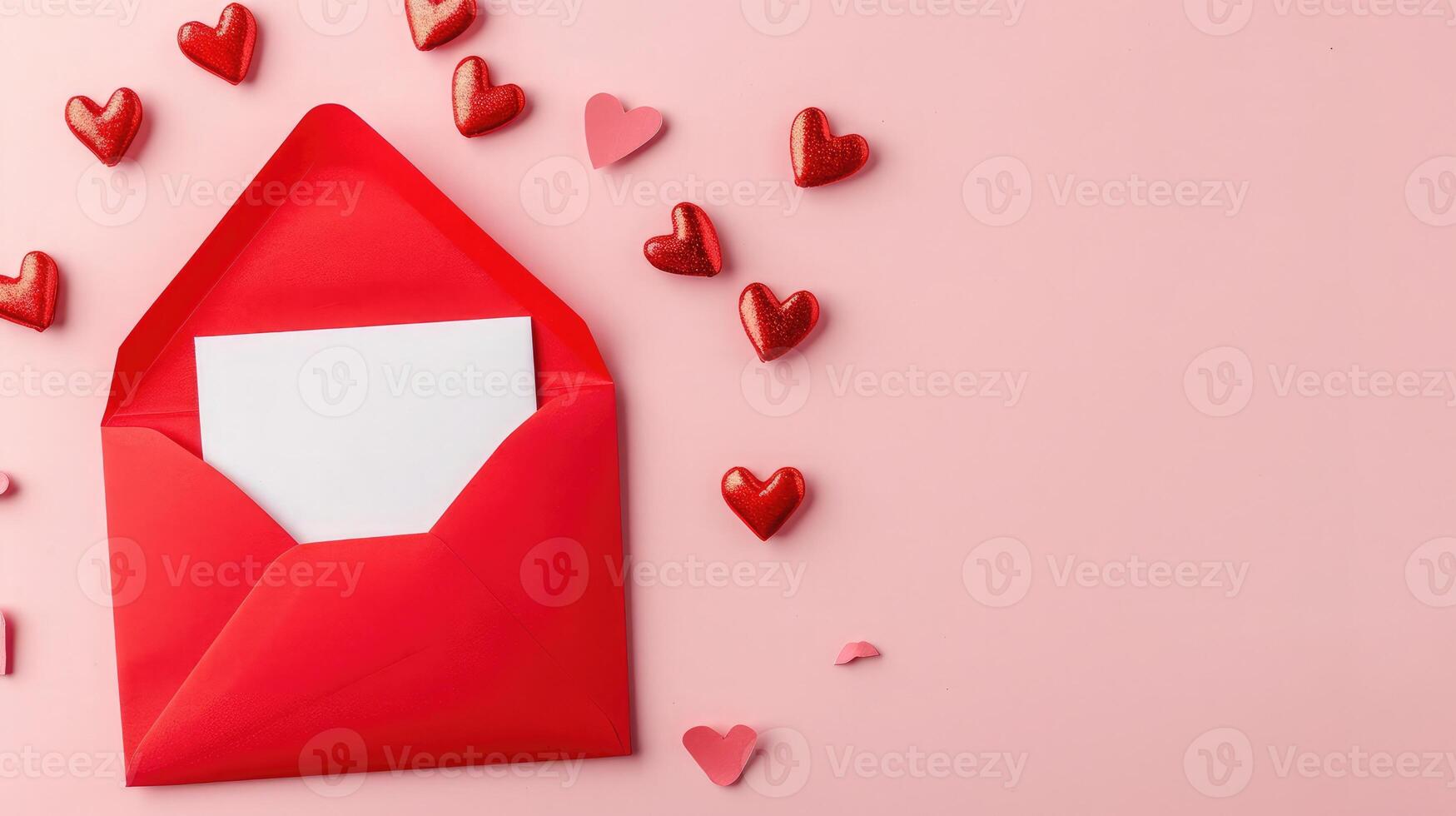 ai gerado vermelho papel envelope com em branco branco Nota brincar dentro e dia dos namorados corações em Rosa fundo. plano deitar, topo visualizar. romântico amor carta para dia dos namorados dia conceito foto