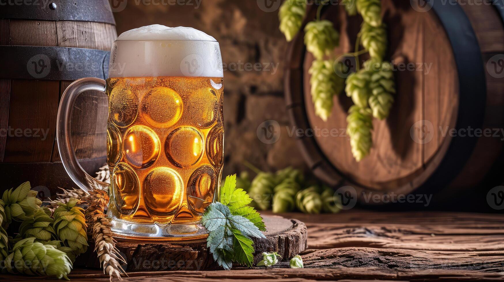 ai gerado caneca do cerveja, trigo ouvidos, lúpulo e Cerveja barril em uma de madeira fundo foto
