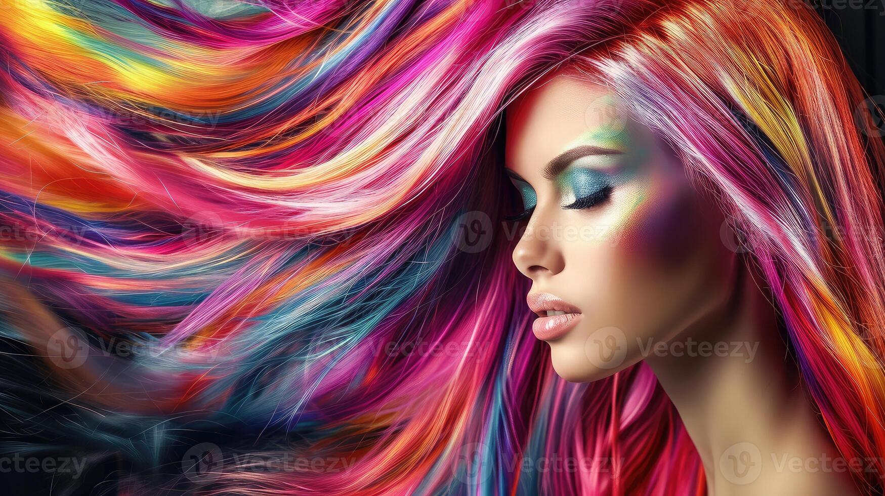 ai gerado lindo mulher com multicolorido cabelo e criativo faço acima e Penteado. beleza face. foto