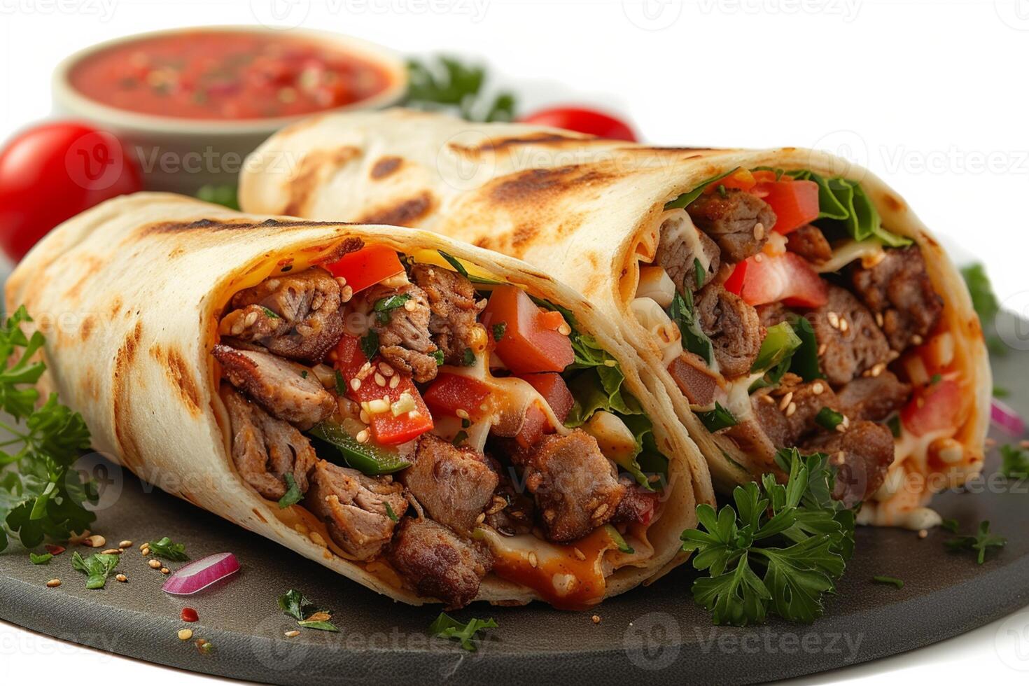 ai gerado delicioso culinária deleite doador Kebab rolos servido com saboroso ingredientes foto