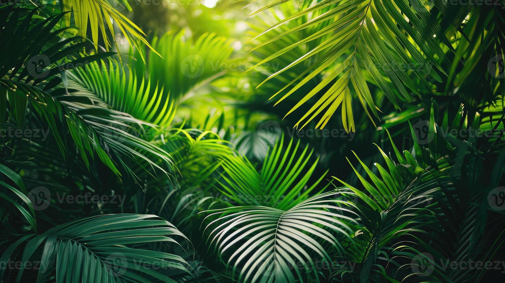 ai gerado lindo verde selva do exuberante Palma folhas, Palma árvores dentro a exótico tropical floresta, selvagem tropical plantas natureza conceito para panorama papel de parede foto