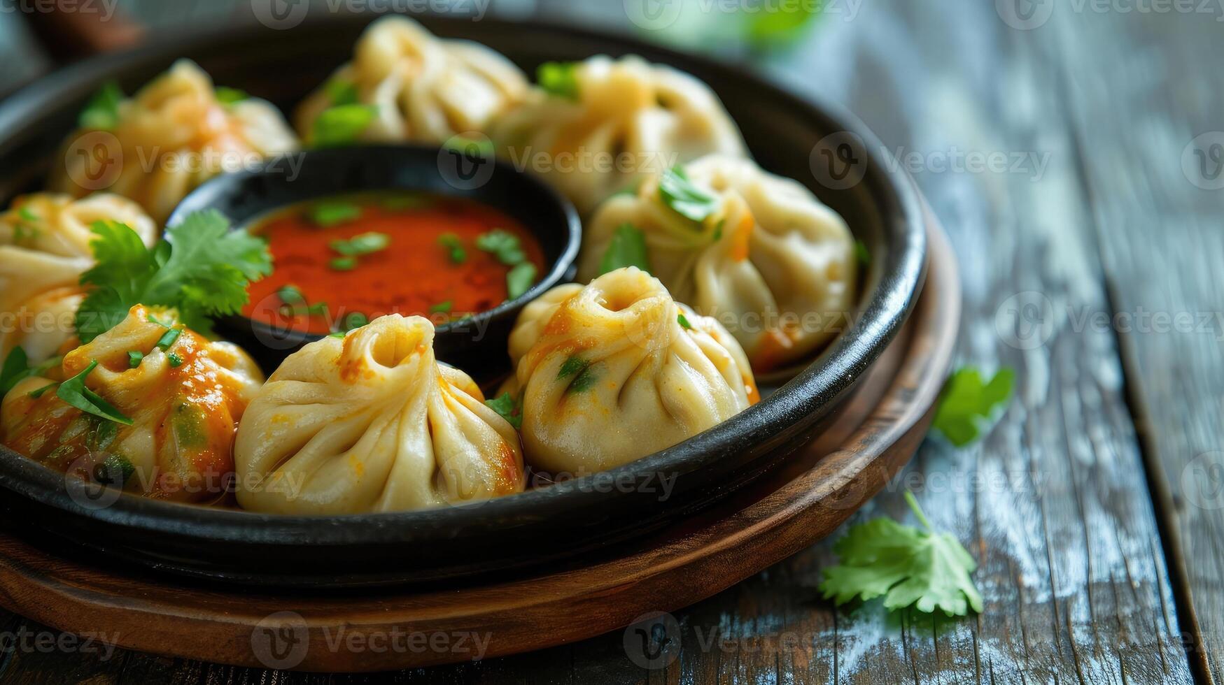 ai gerado veg vapor mamãe. nepalês tradicional prato momo recheado com legumes e então cozinhou e servido com molho sobre uma rústico de madeira fundo, seletivo foco foto