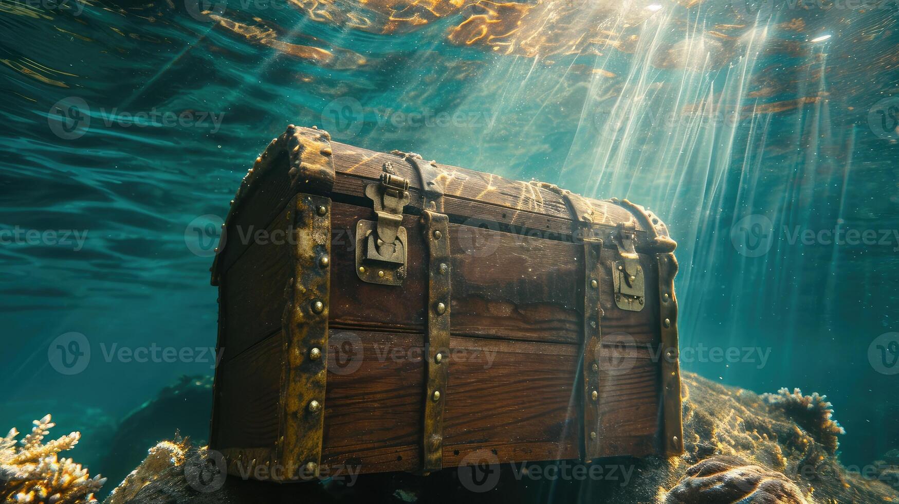ai gerado de madeira Tesouro peito submerso embaixo da agua com luz raios foto