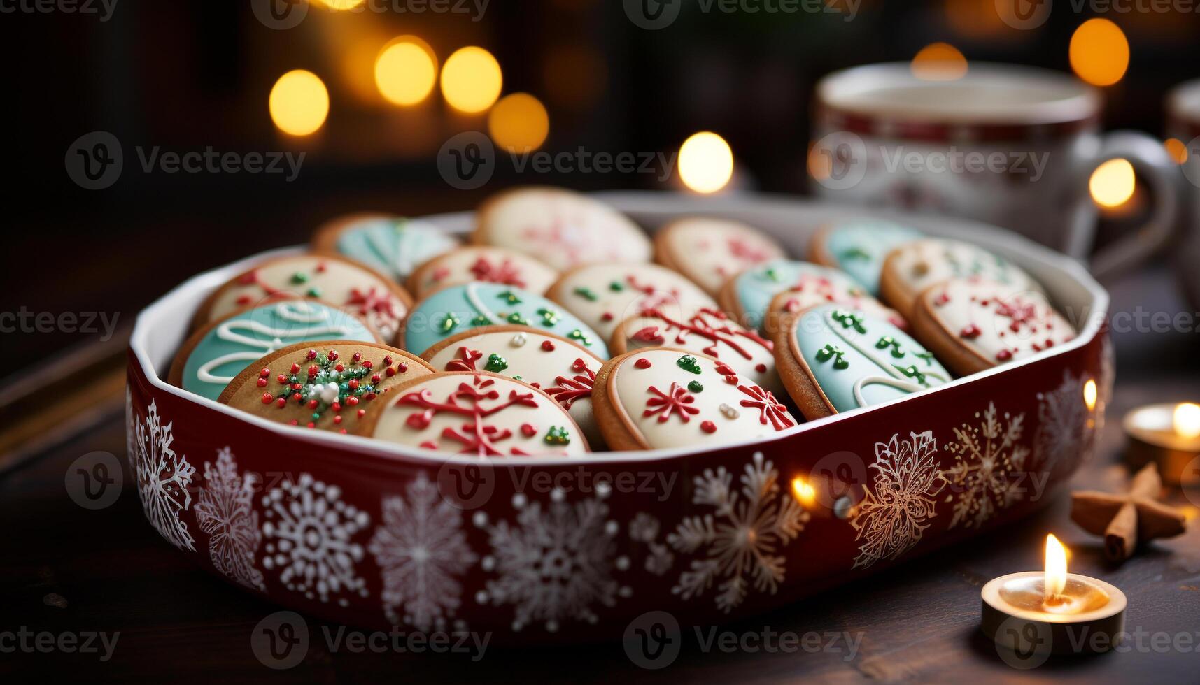 ai gerado Natal decoração, vela, sobremesa, floco de neve, chocolate, madeira, Natal luzes, presente gerado de ai foto