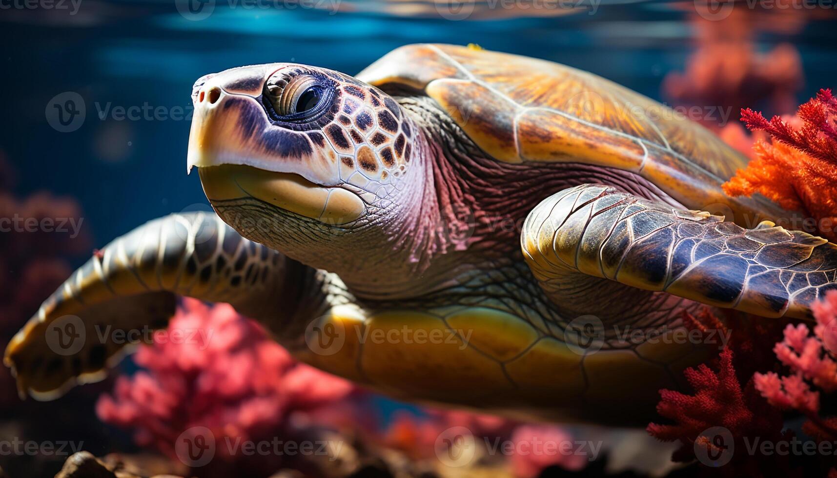 ai gerado fechar acima do uma multi colori mar tartaruga natação embaixo da agua gerado de ai foto