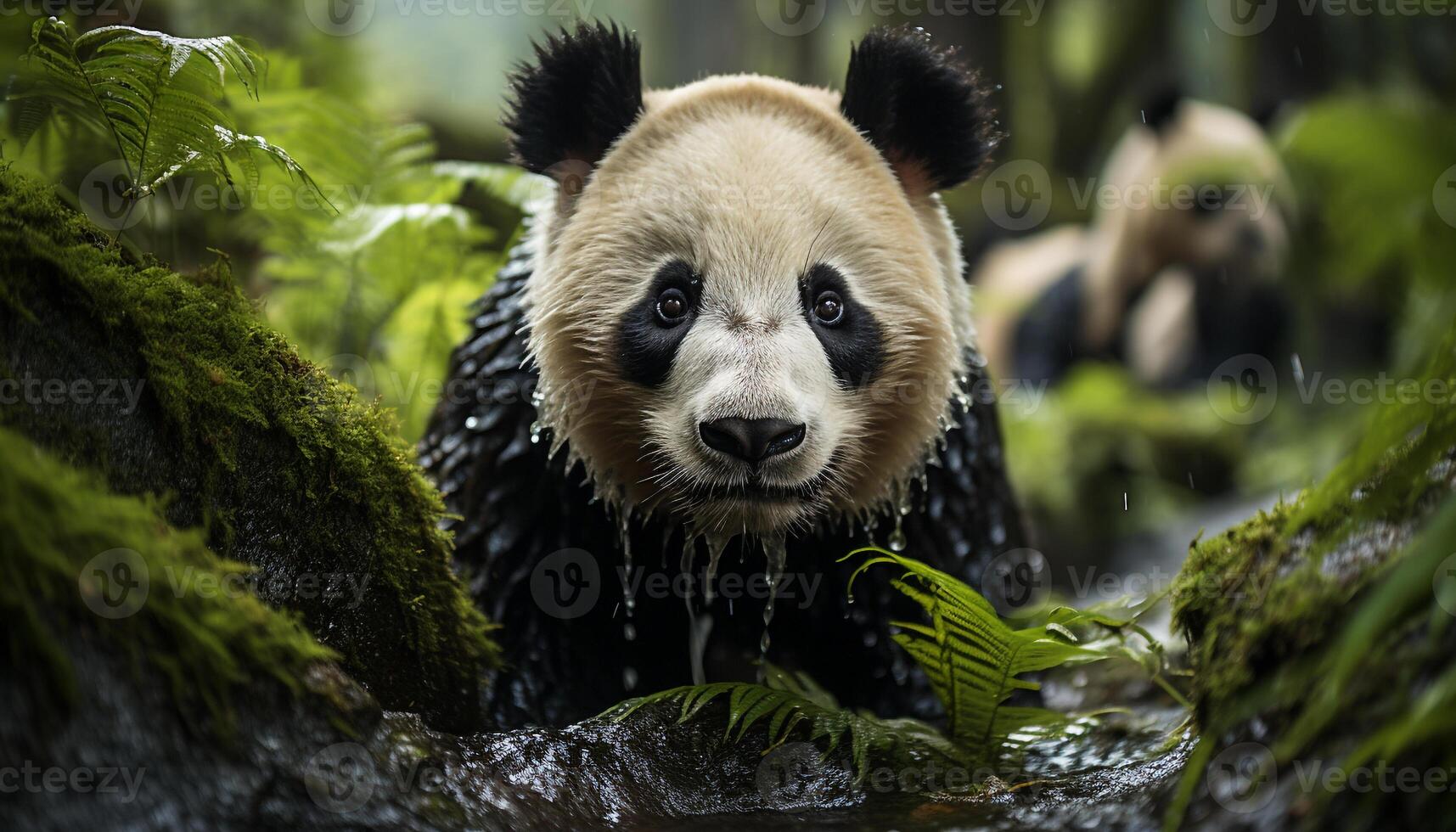 ai gerado fofa panda comendo bambu dentro tropical floresta tropical gerado de ai foto