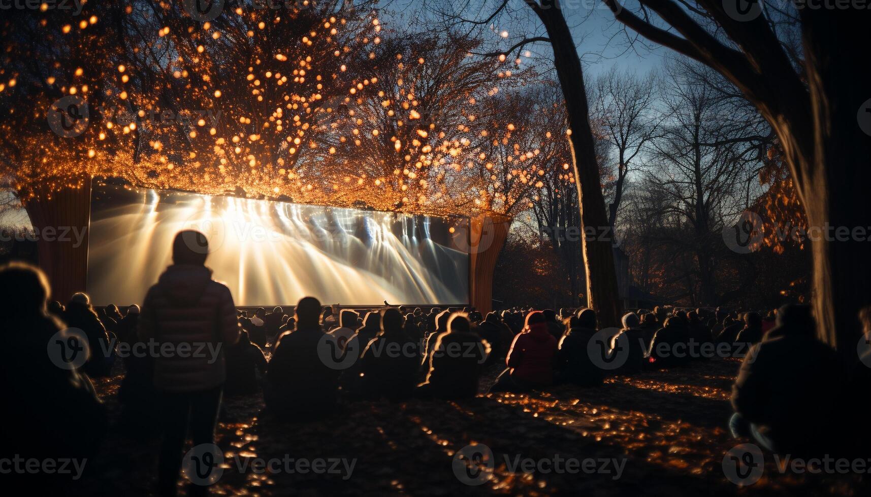 ai gerado período noturno celebração, iluminado estágio, multidão goza desempenho gerado de ai foto