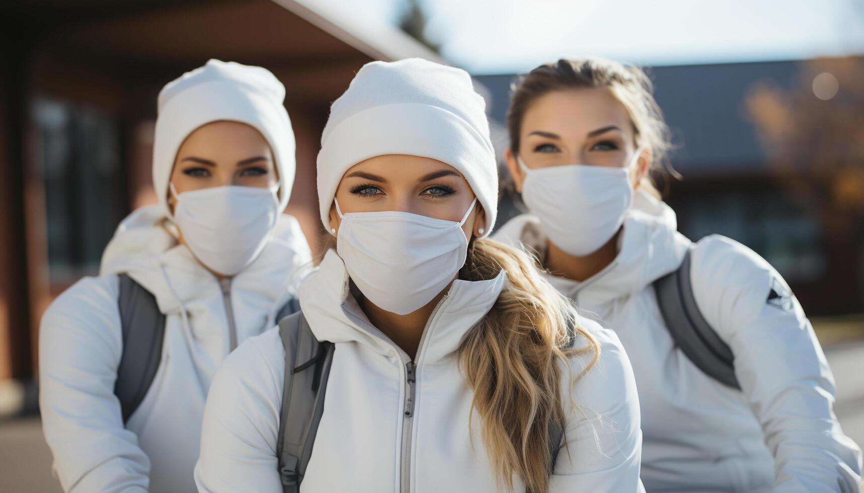 ai gerado sorridente médico dentro protetora mascarar, ao ar livre, olhando às Câmera gerado de ai foto