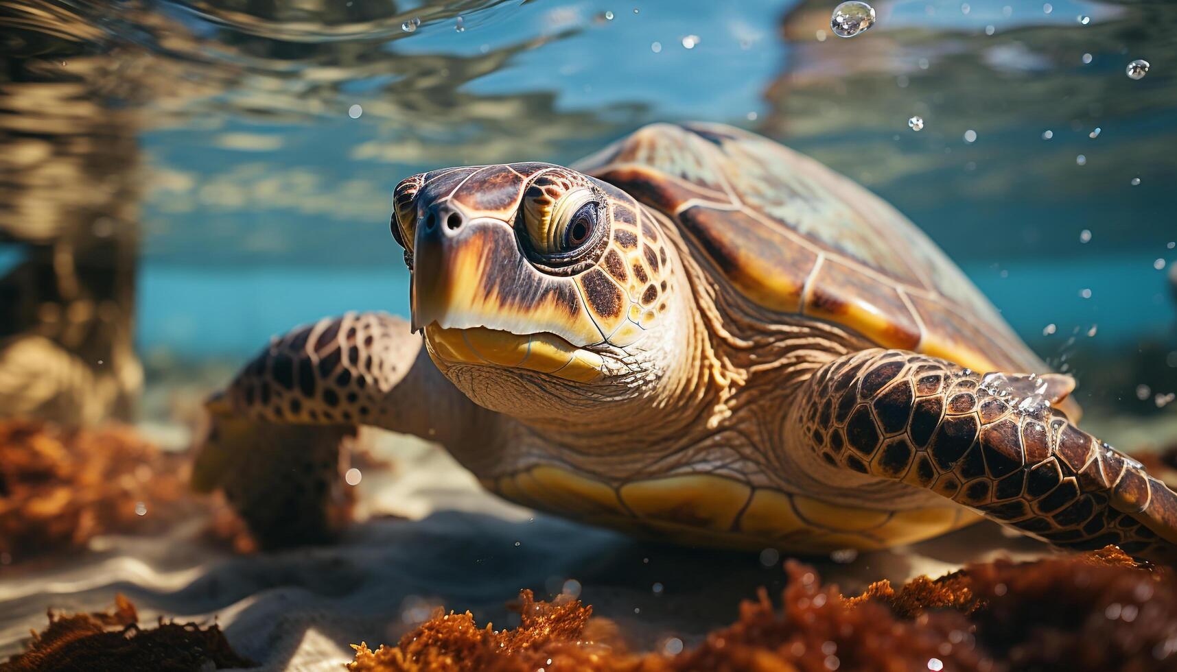 ai gerado tropical tartaruga natação dentro a azul mar gerado de ai foto