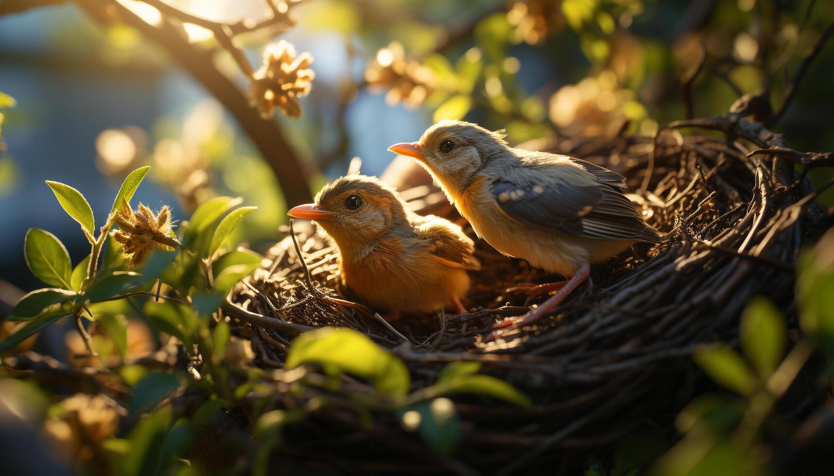 ai gerado fofa bebê frango sentado em filial, ao ar livre gerado de ai foto