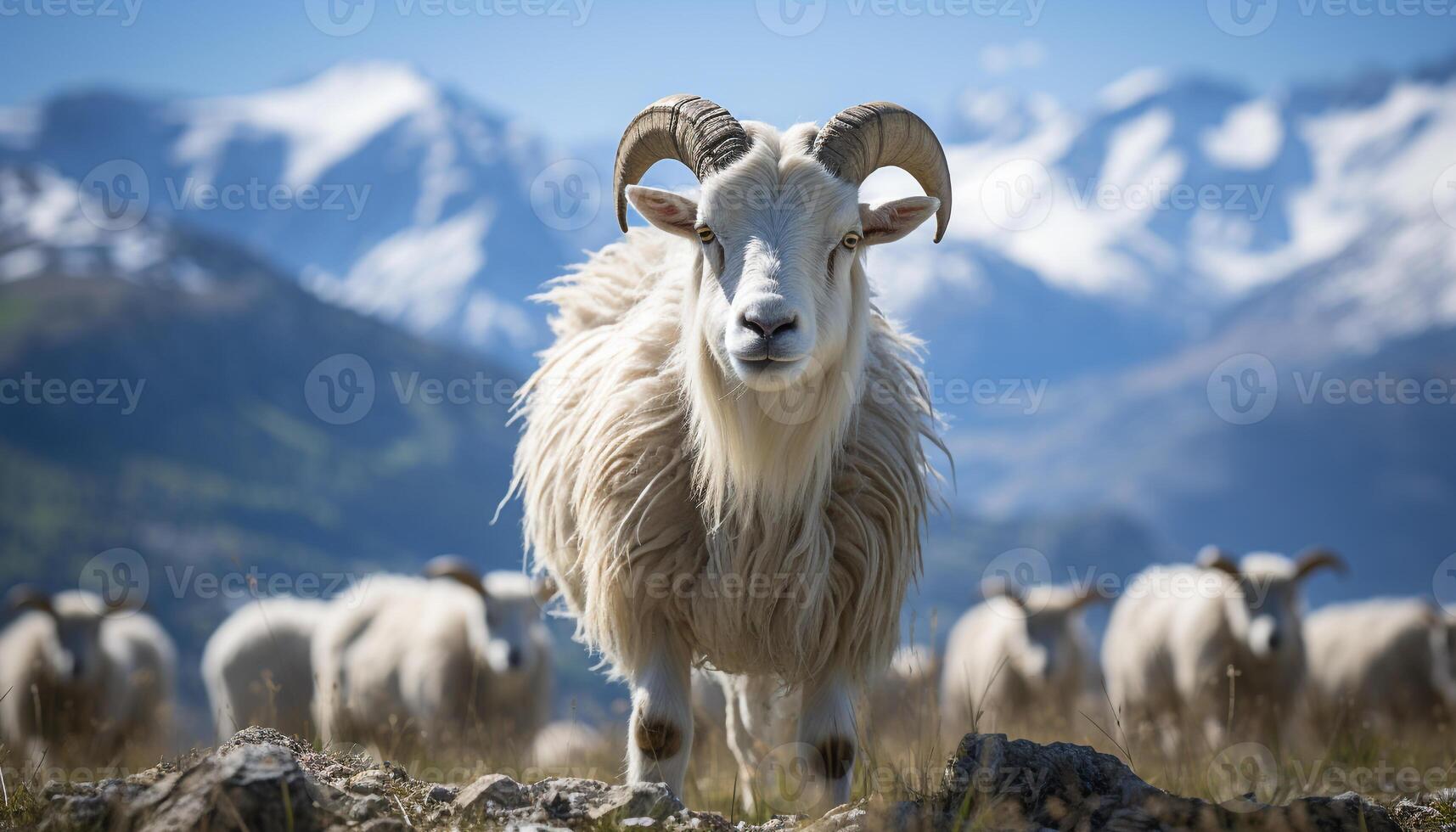 ai gerado fofa ovelha pastar em uma Nevado montanha gerado de ai foto