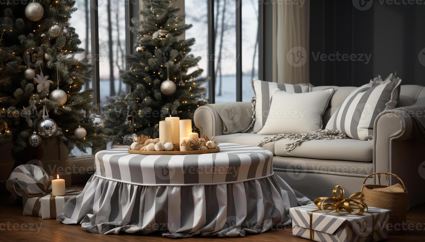 ai gerado confortável vivo quarto com moderno Projeto e iluminado Natal árvore gerado de ai foto