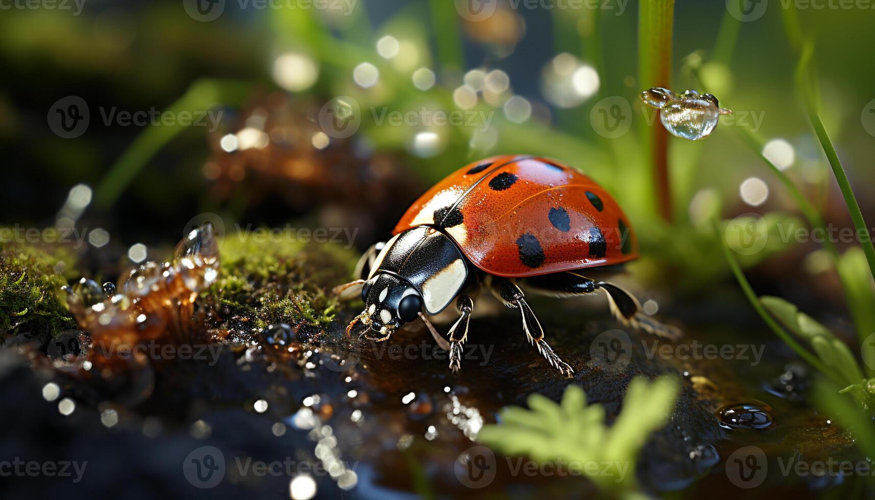 ai gerado joaninha rastejando em verde folha, beleza dentro natureza gerado de ai foto