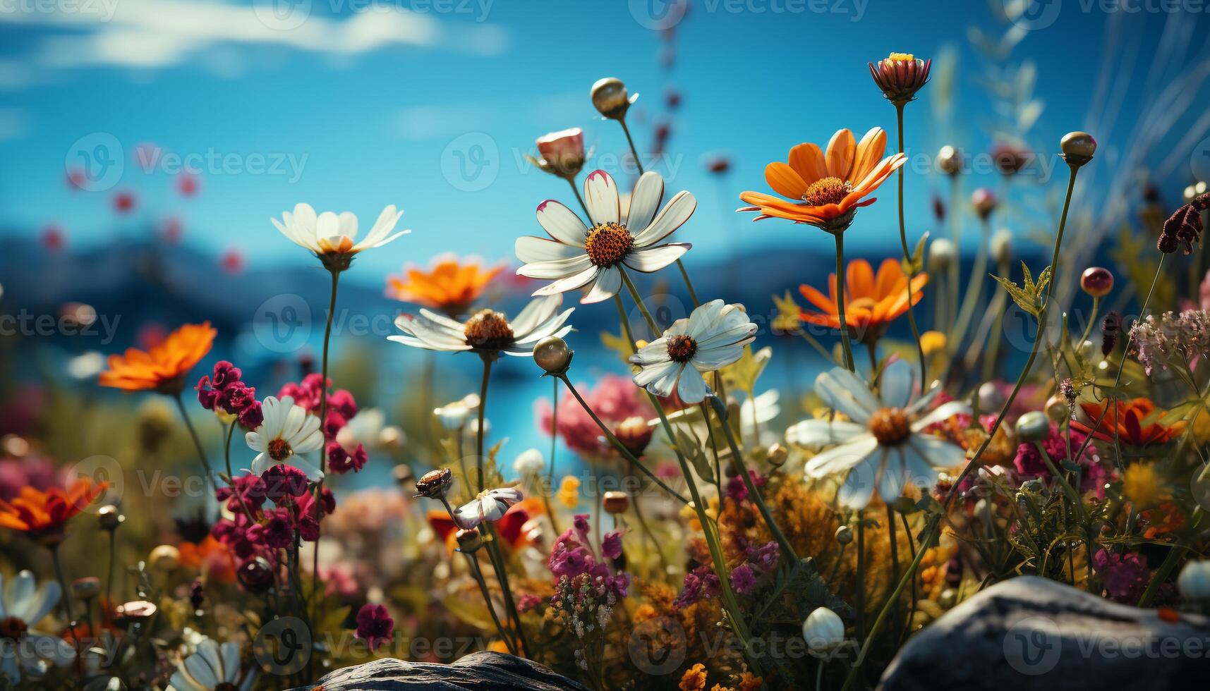 ai gerado vibrante Prado, flores silvestres flor debaixo a verão Sol gerado de ai foto