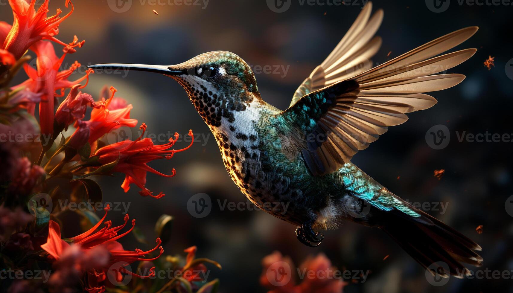 ai gerado beija Flor vôo, vibrante cores, natureza beleza dentro movimento gerado de ai foto