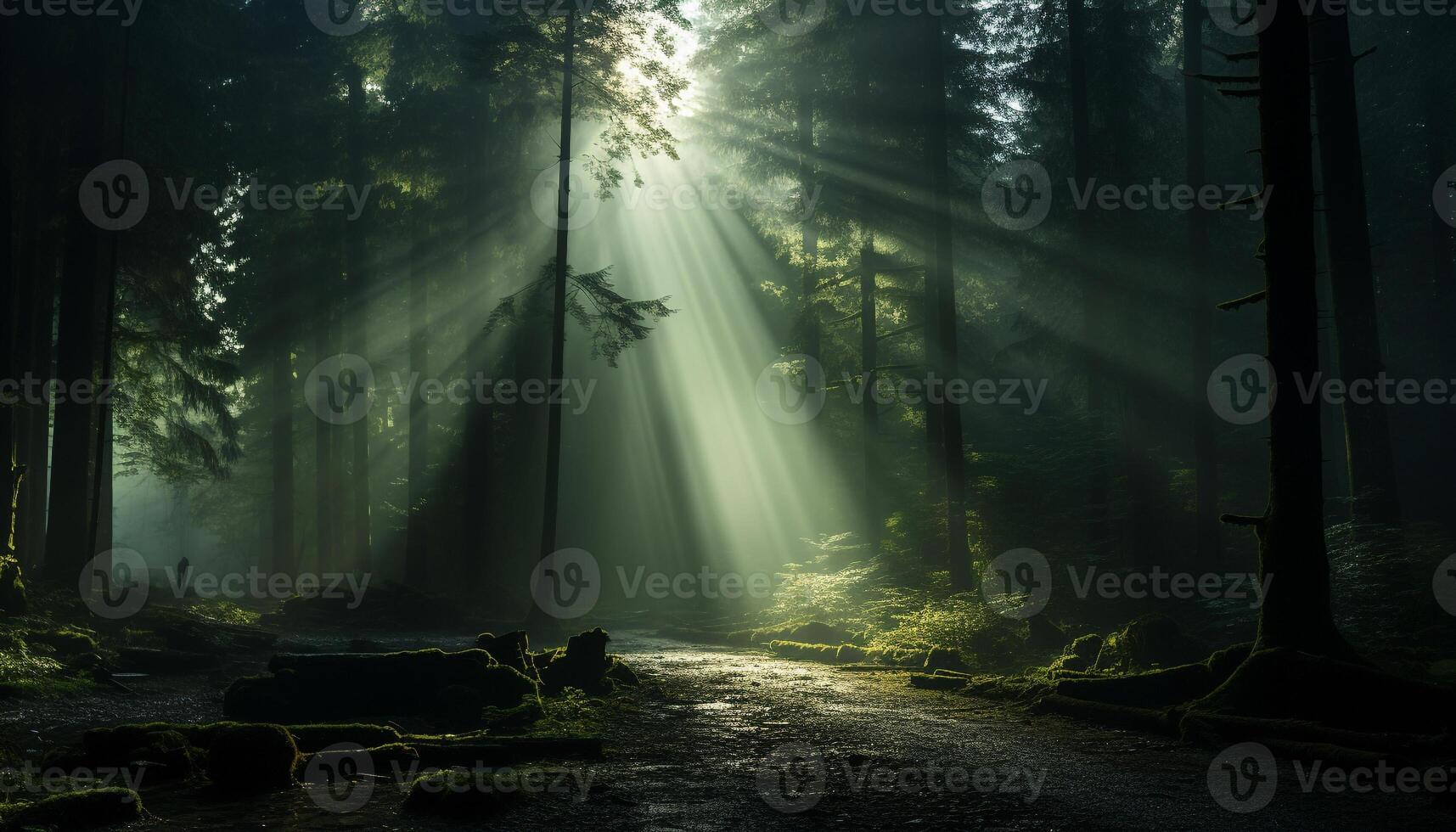 ai gerado misterioso névoa cobertores tranquilo floresta, criando assustador beleza gerado de ai foto