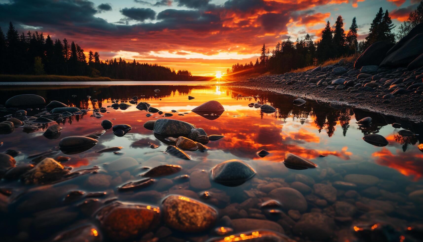 ai gerado tranquilo cena do pôr do sol sobre montanha alcance gerado de ai foto