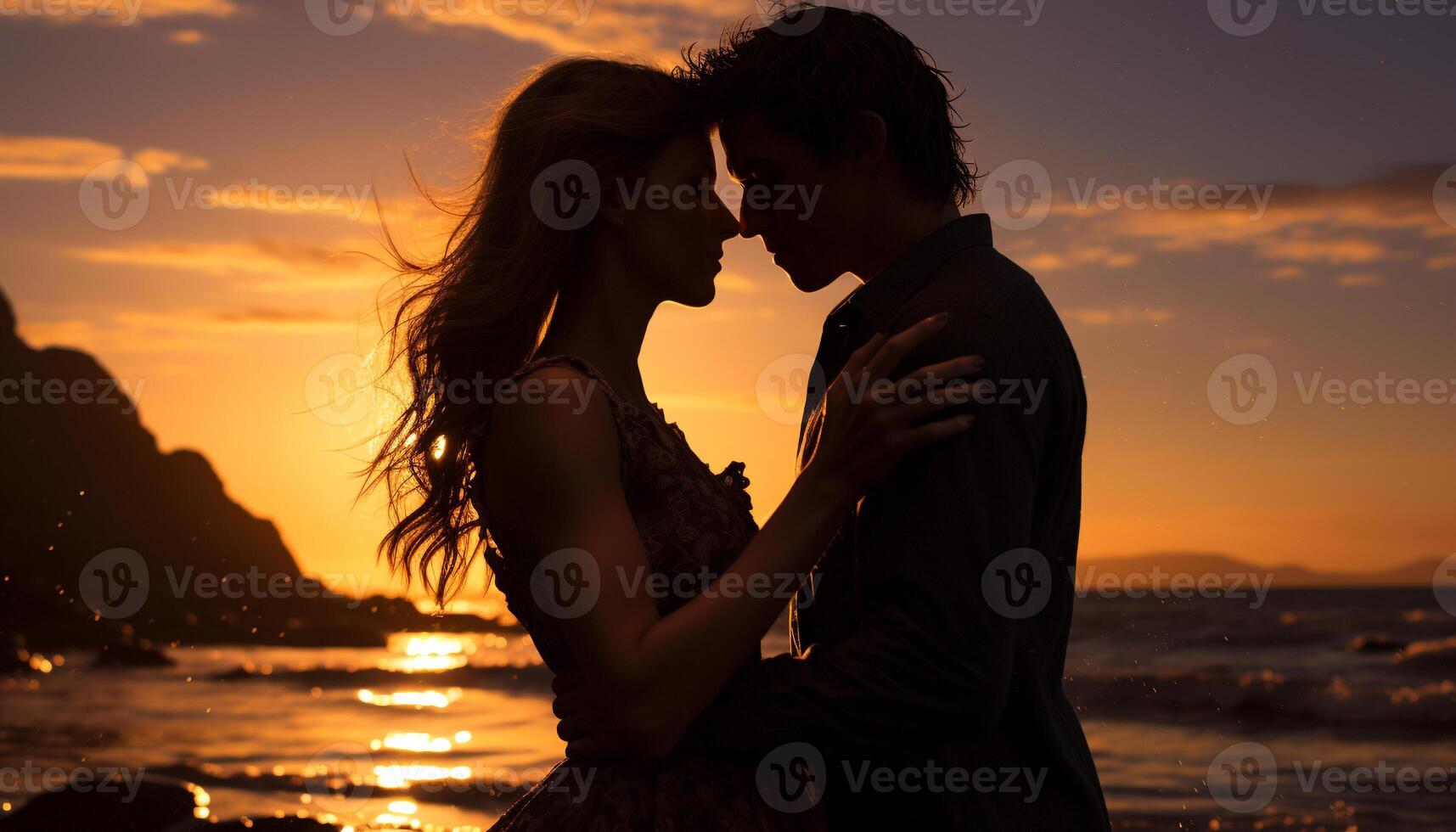 ai gerado jovem casal abraçando, desfrutando pôr do sol, amor e felicidade gerado de ai foto