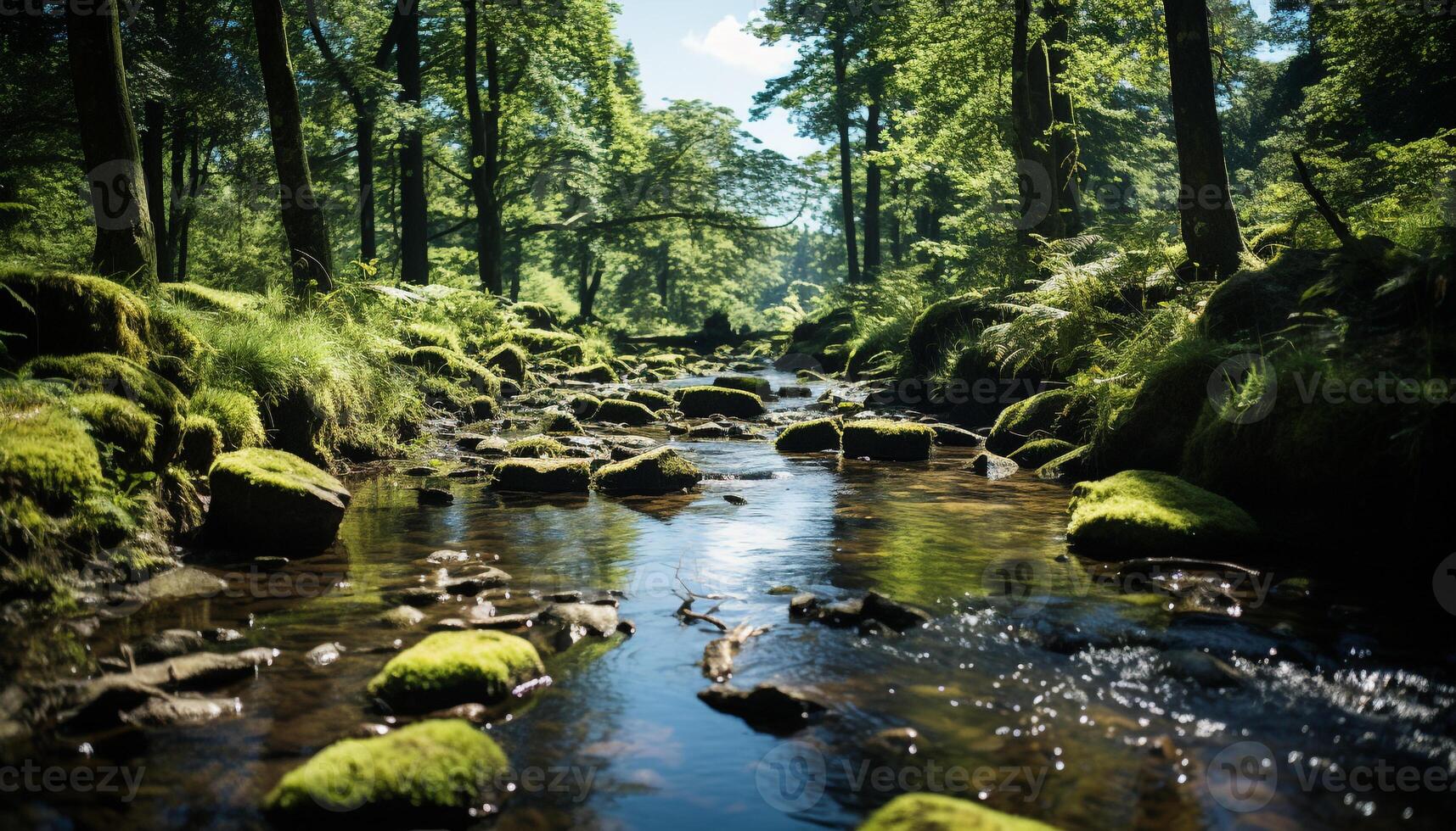 ai gerado tranquilo cena do uma verde floresta e fluindo água gerado de ai foto