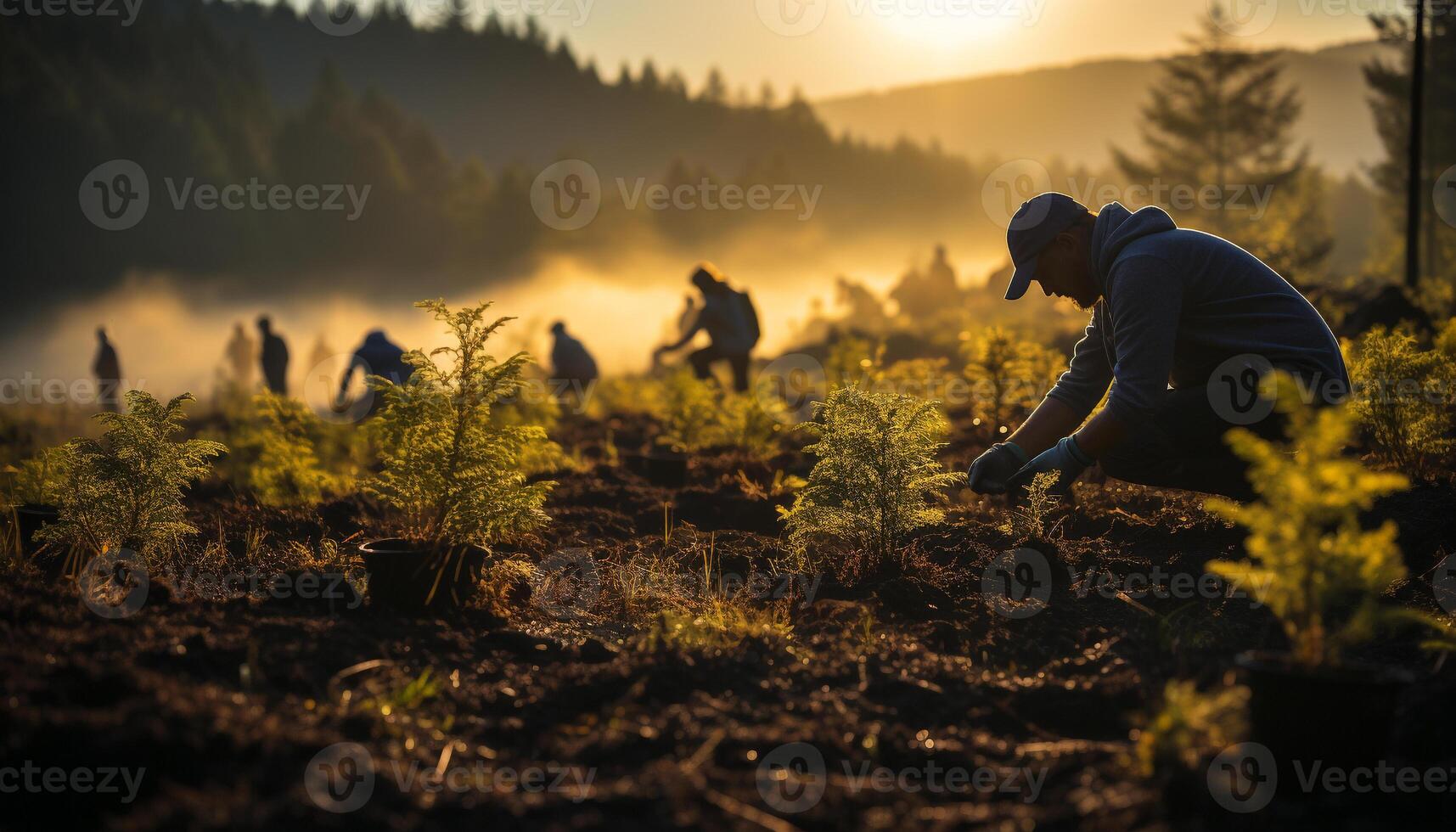 ai gerado homens trabalhando ao ar livre dentro pôr do sol, agricultura dentro natureza gerado de ai foto