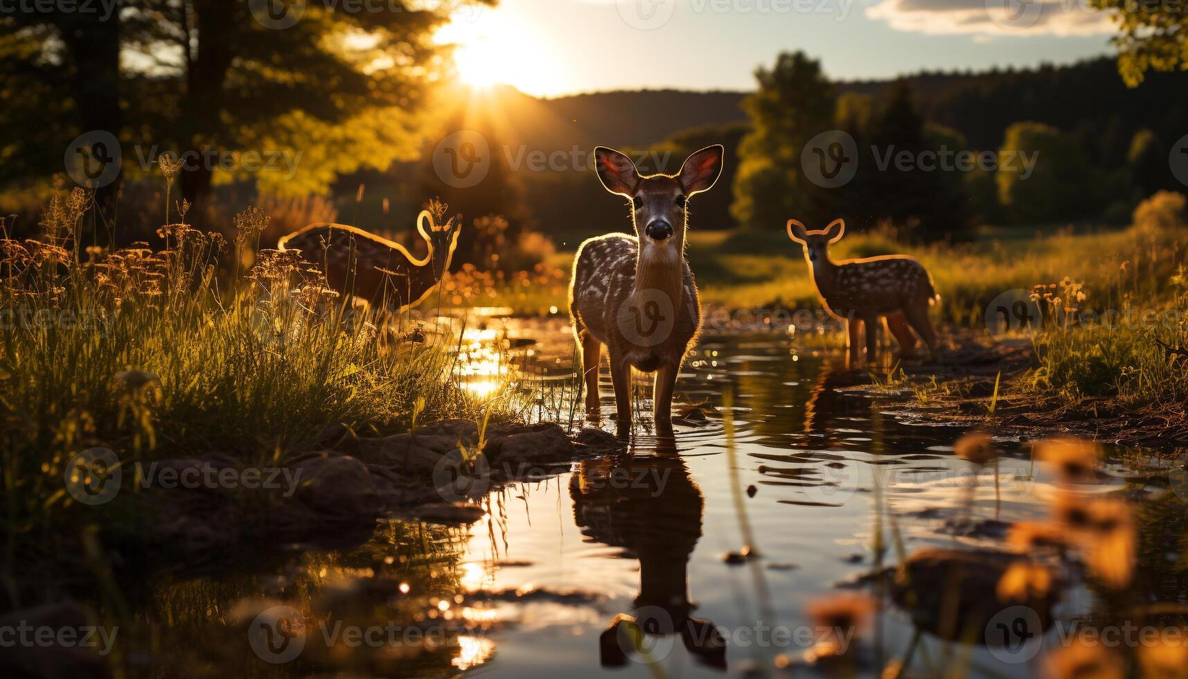 ai gerado veado pastar dentro tranquilo Prado às pôr do sol gerado de ai foto