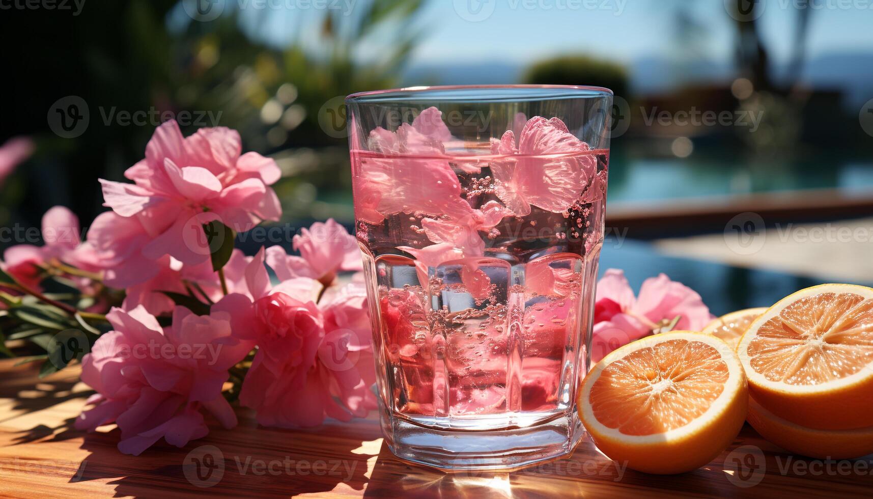 ai gerado refrescante verão coquetel em de madeira mesa com flores gerado de ai foto