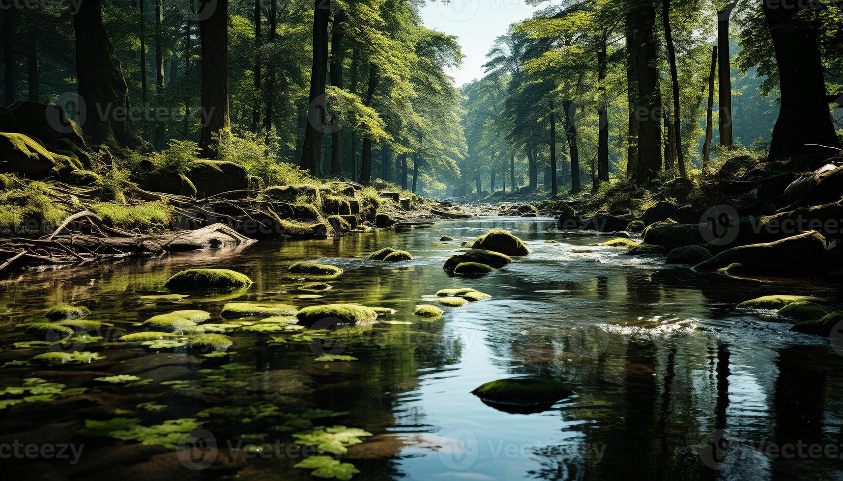 ai gerado tranquilo cena do uma floresta com fluindo água gerado de ai foto