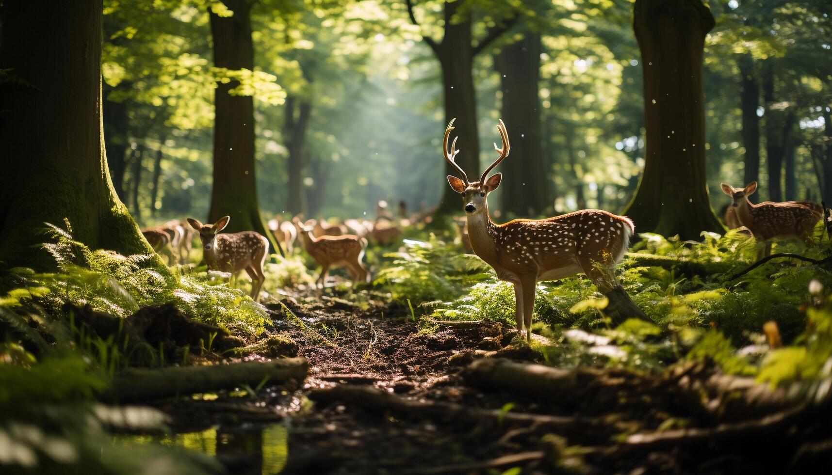 ai gerado jovem veado pastar dentro exuberante verde floresta Prado gerado de ai foto