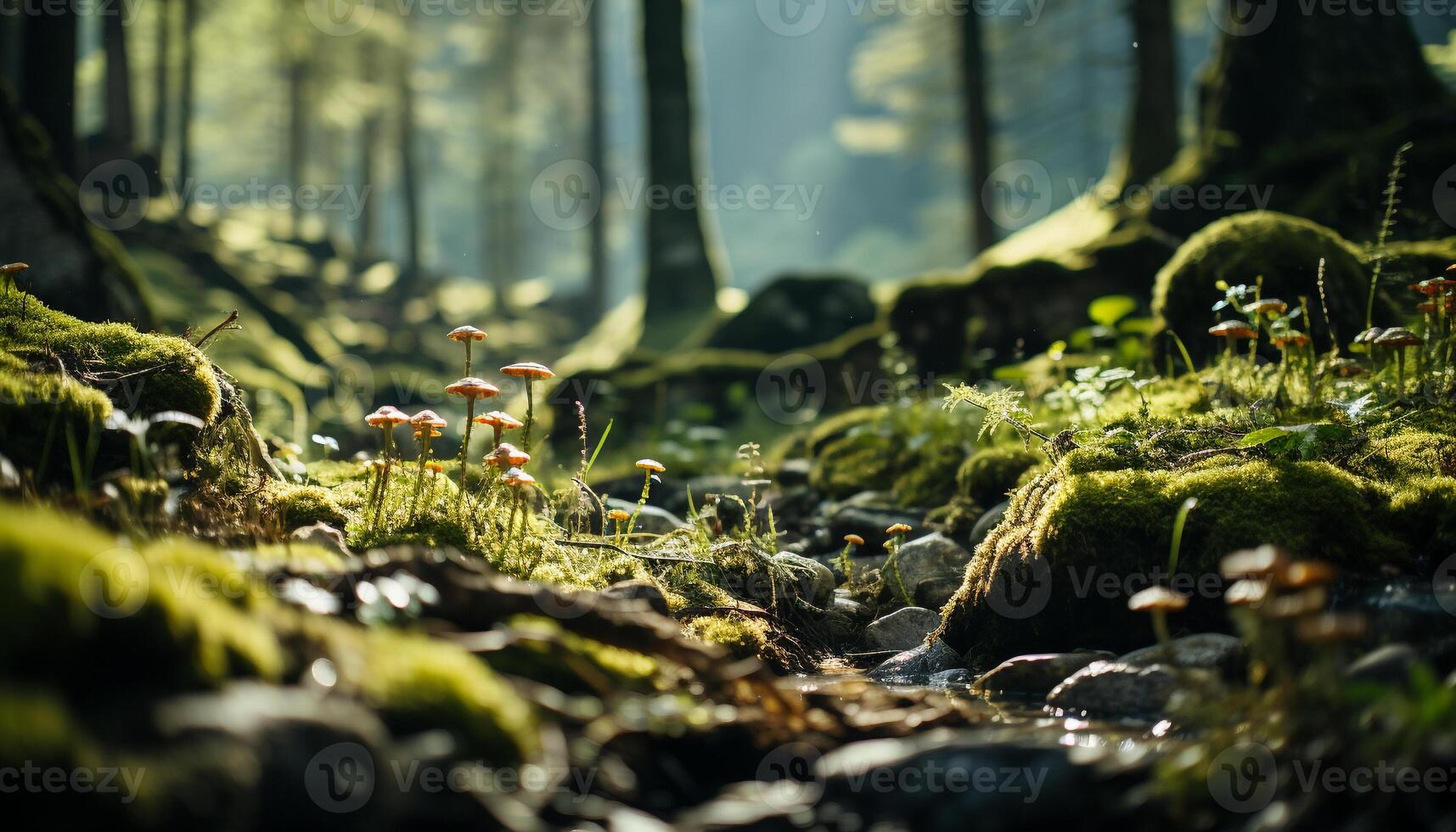 ai gerado tranquilo cena do verde floresta, árvore crescimento gerado de ai foto