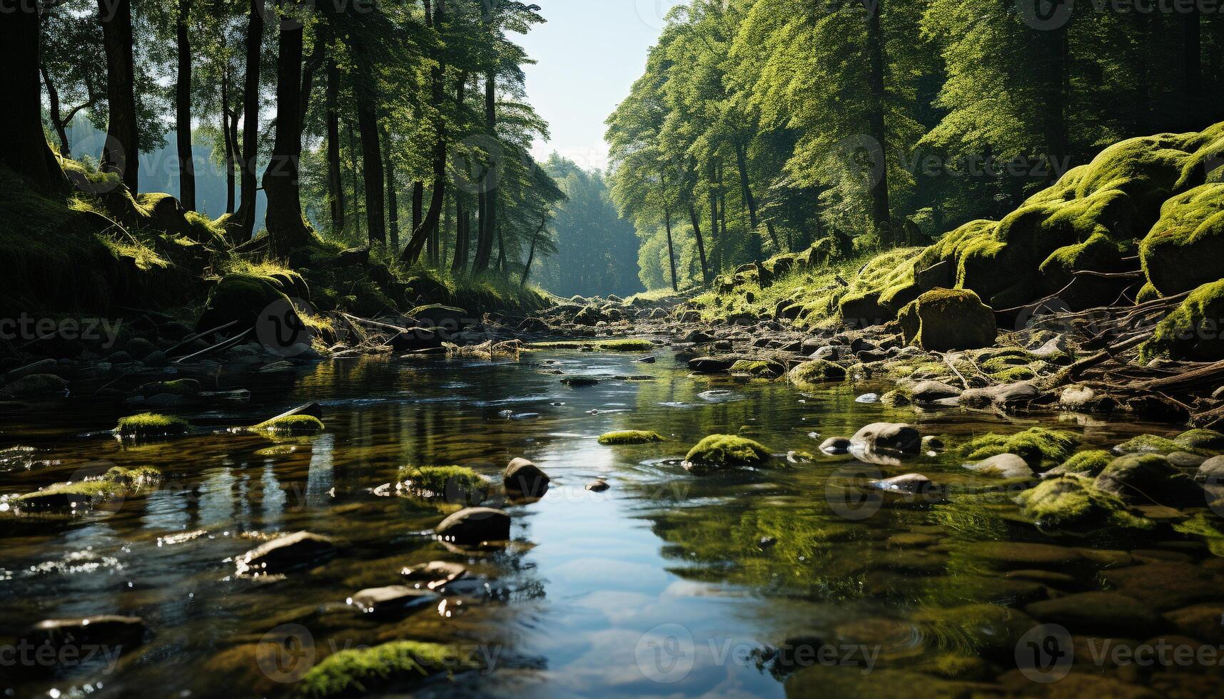ai gerado tranquilo cena do verde floresta reflete dentro lagoa gerado de ai foto