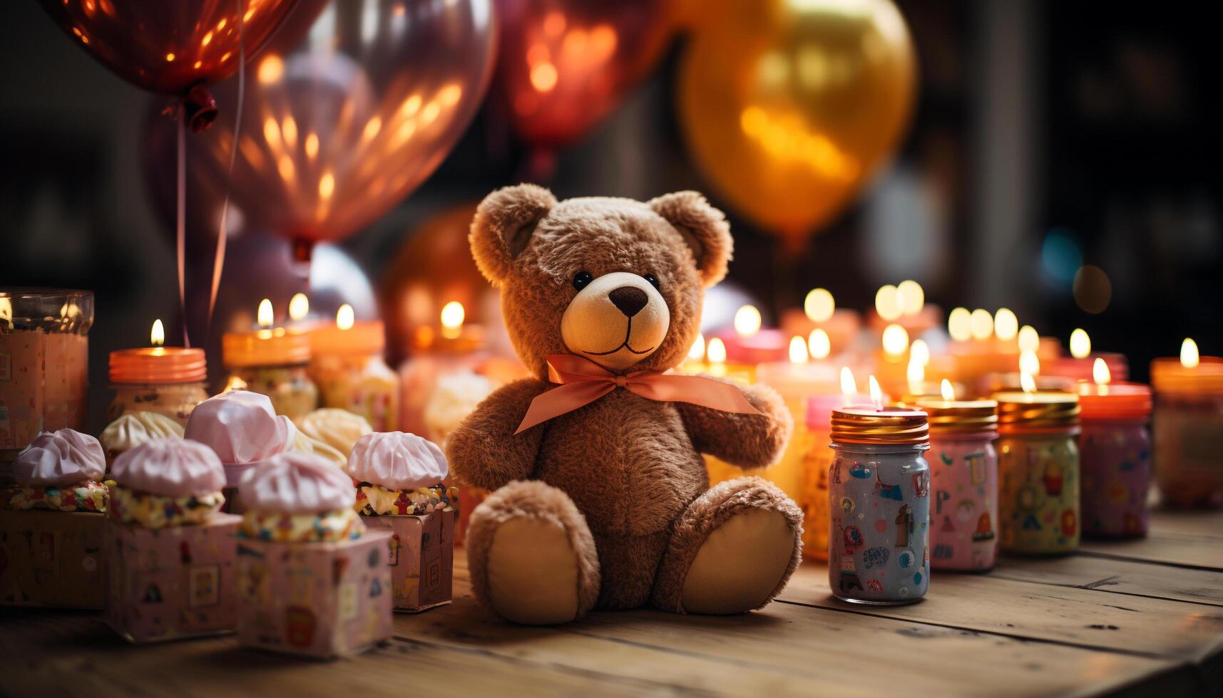 ai gerado fofa Urso de pelúcia Urso luz de velas traz aniversário celebração gerado de ai foto