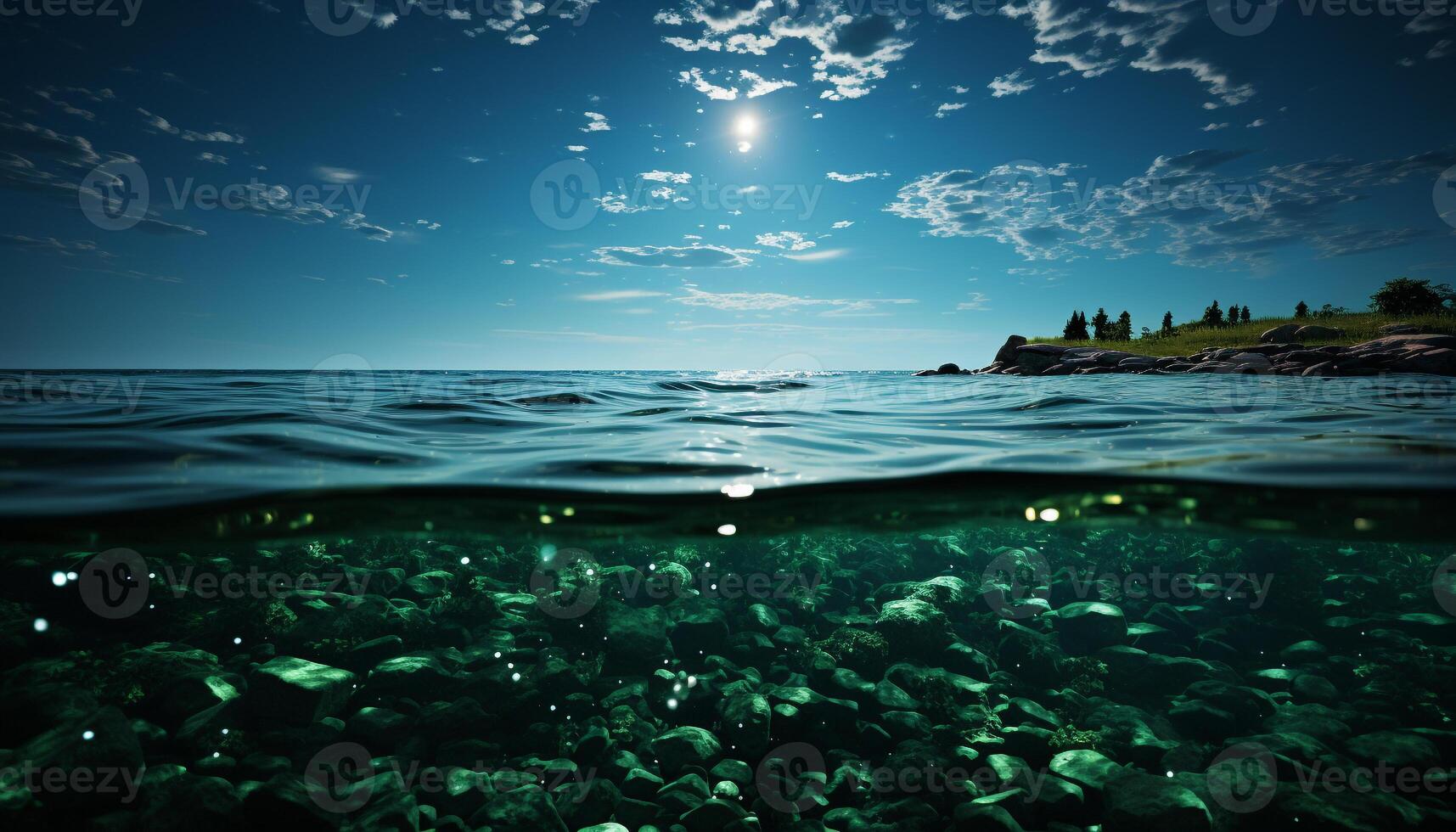ai gerado embaixo da agua onda reflete brilhante azul céu, tranquilo cena gerado de ai foto