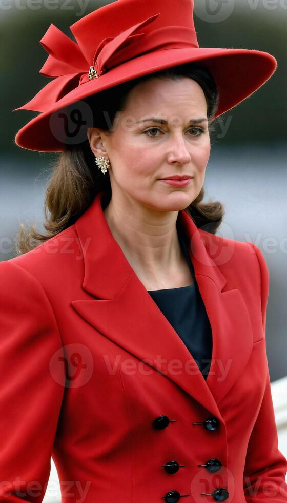 ai gerado foto do lindo senhora Europa mulher com vermelho casaco e chapéu em pé às jardim, generativo ai