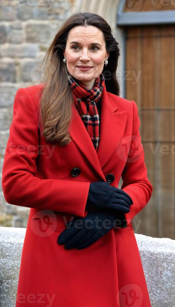 ai gerado foto do lindo feliz senhora Europa mulher com vermelho casaco e cachecol em pé às jardim, generativo ai