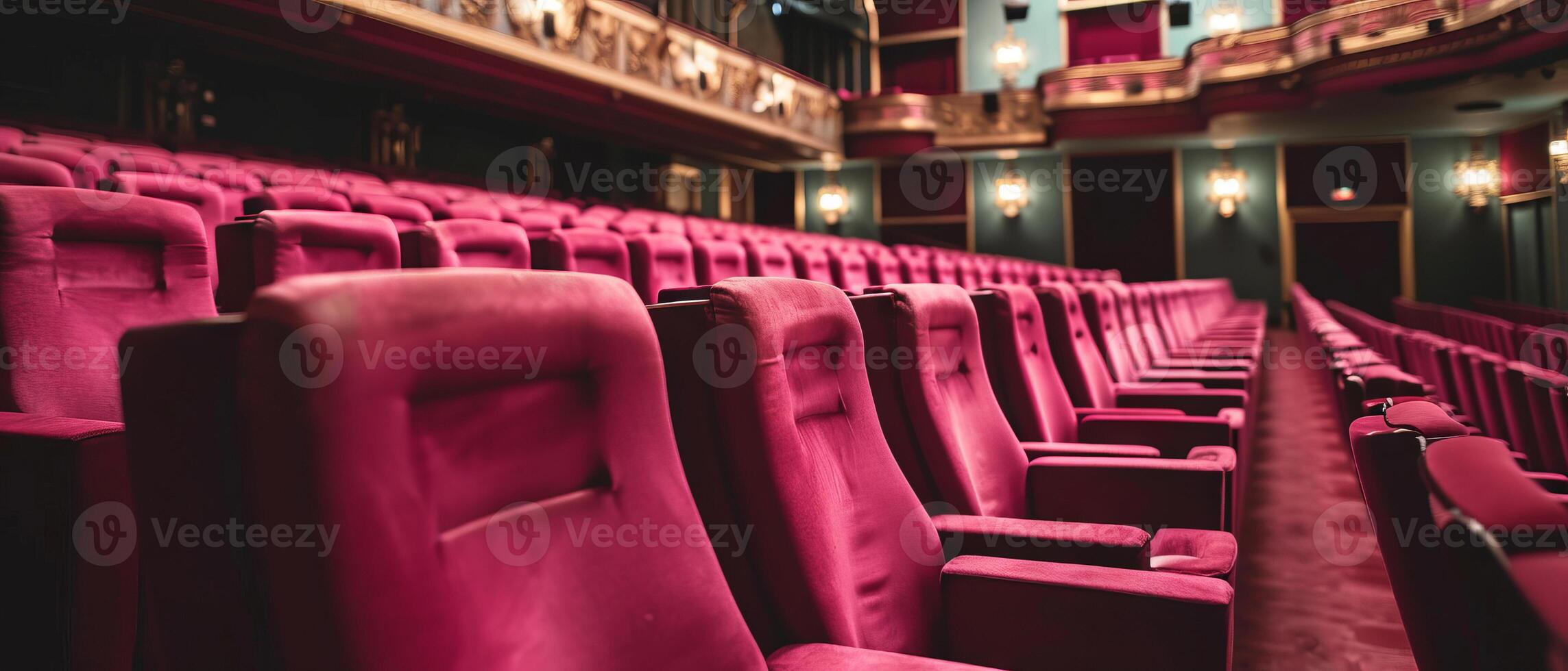 ai gerado esvaziar cinema corredor com linhas do pelúcia Rosa assentos foto