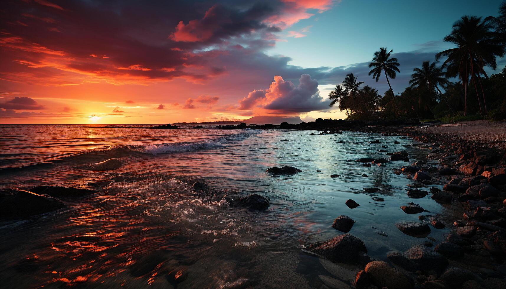 ai gerado tranquilo pôr do sol sobre água, natureza beleza refletido gerado de ai foto