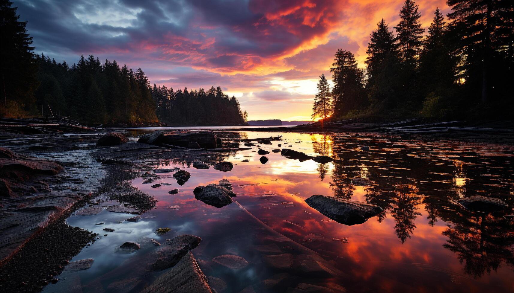 ai gerado majestoso pôr do sol sobre tranquilo floresta reflete dentro água gerado de ai foto