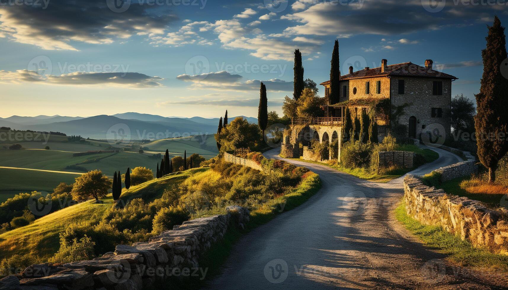 ai gerado idílico pôr do sol sobre rústico casa de fazenda dentro italiano campo gerado de ai foto