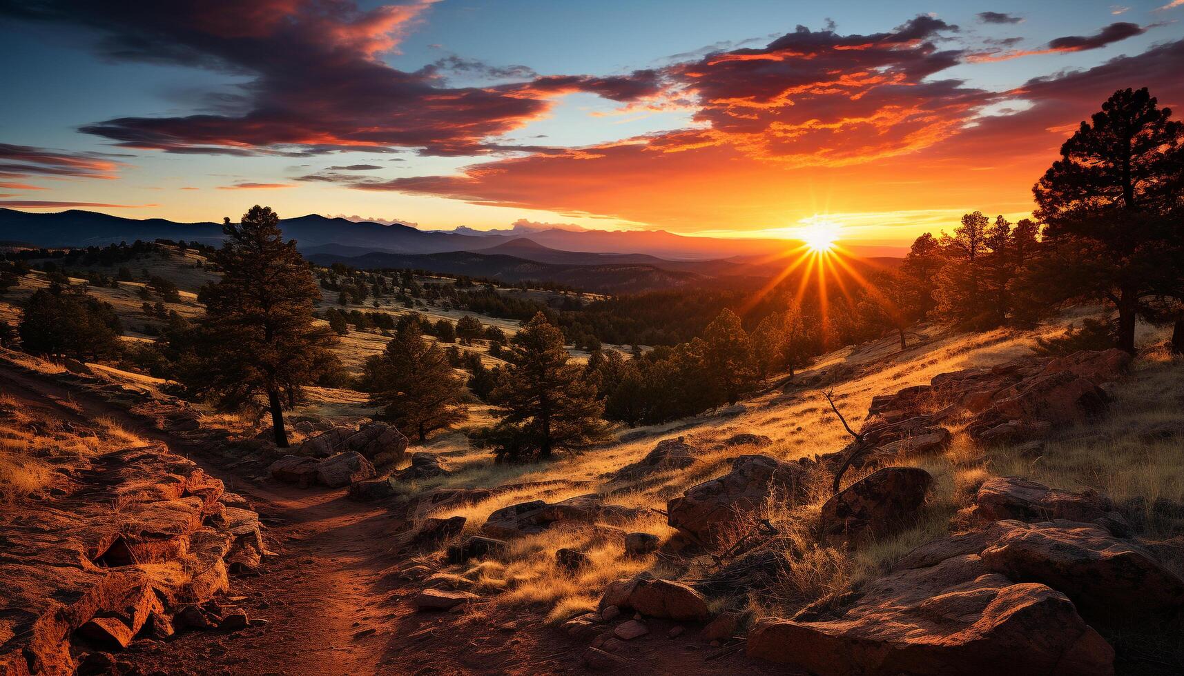 ai gerado majestoso montanha pico, vibrante pôr do sol, tranquilo floresta gerado de ai foto