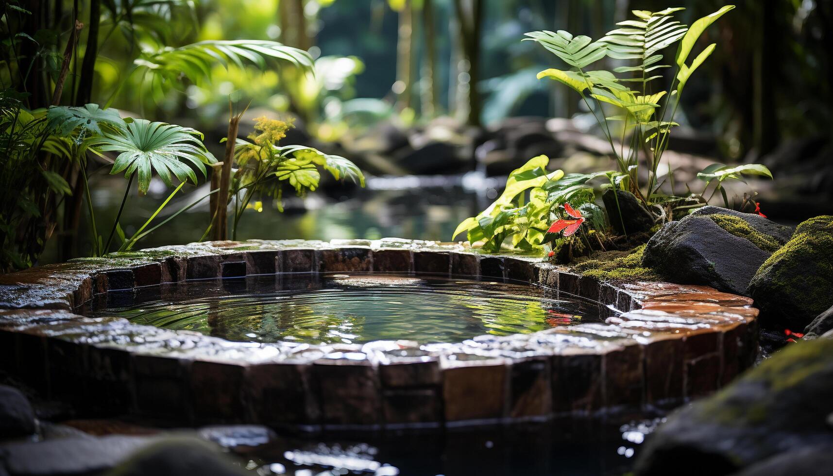 ai gerado tranquilo cena do fluindo água dentro uma tropical floresta tropical gerado de ai foto