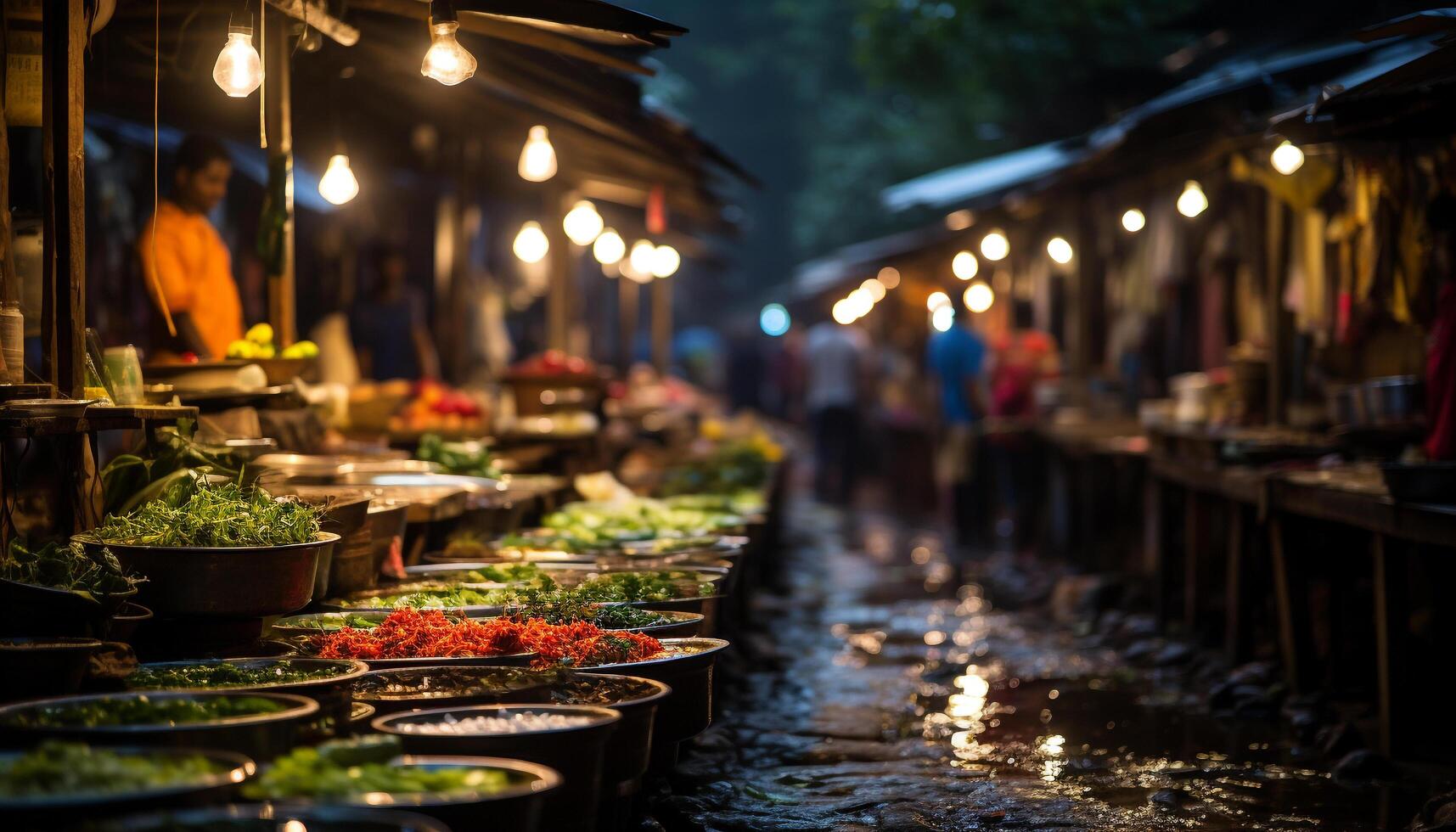 ai gerado noite mercado vendendo fresco frutas e legumes gerado de ai foto