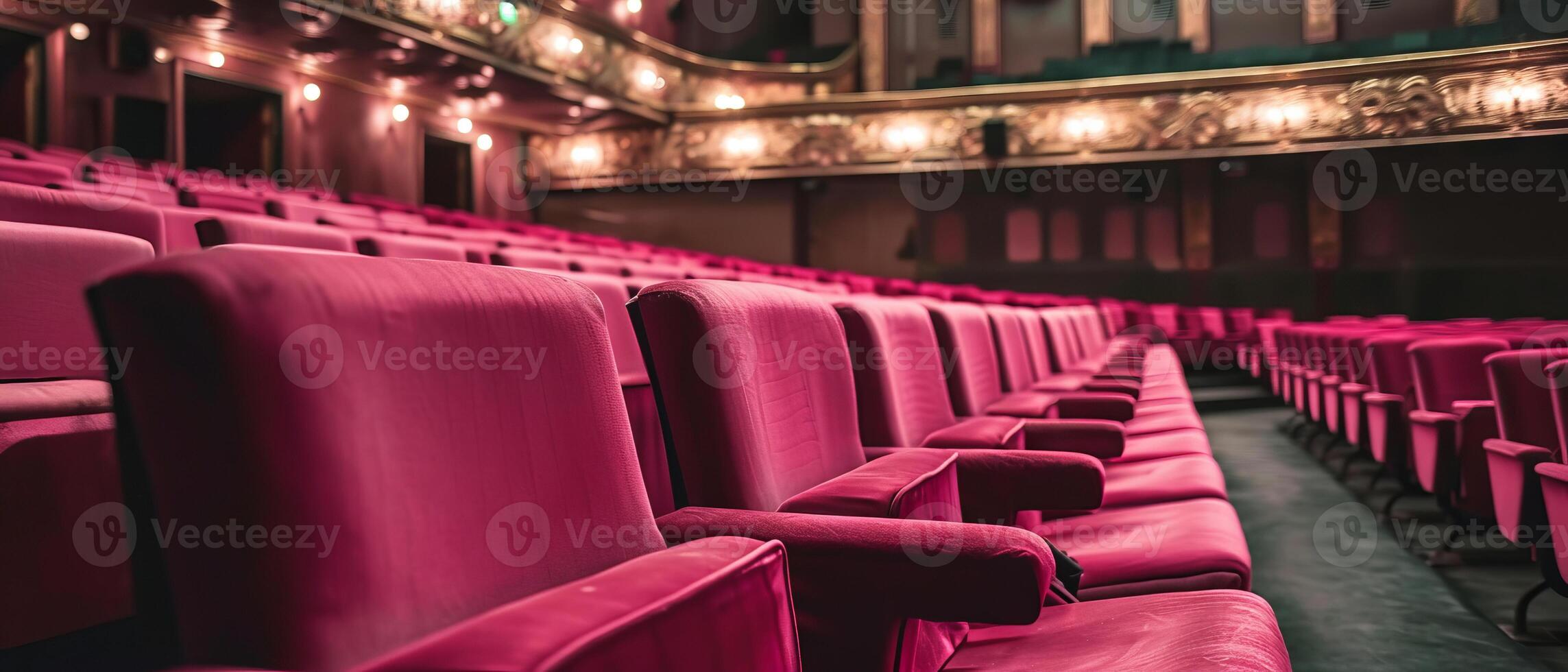 ai gerado esvaziar cinema corredor com linhas do pelúcia Rosa assentos foto