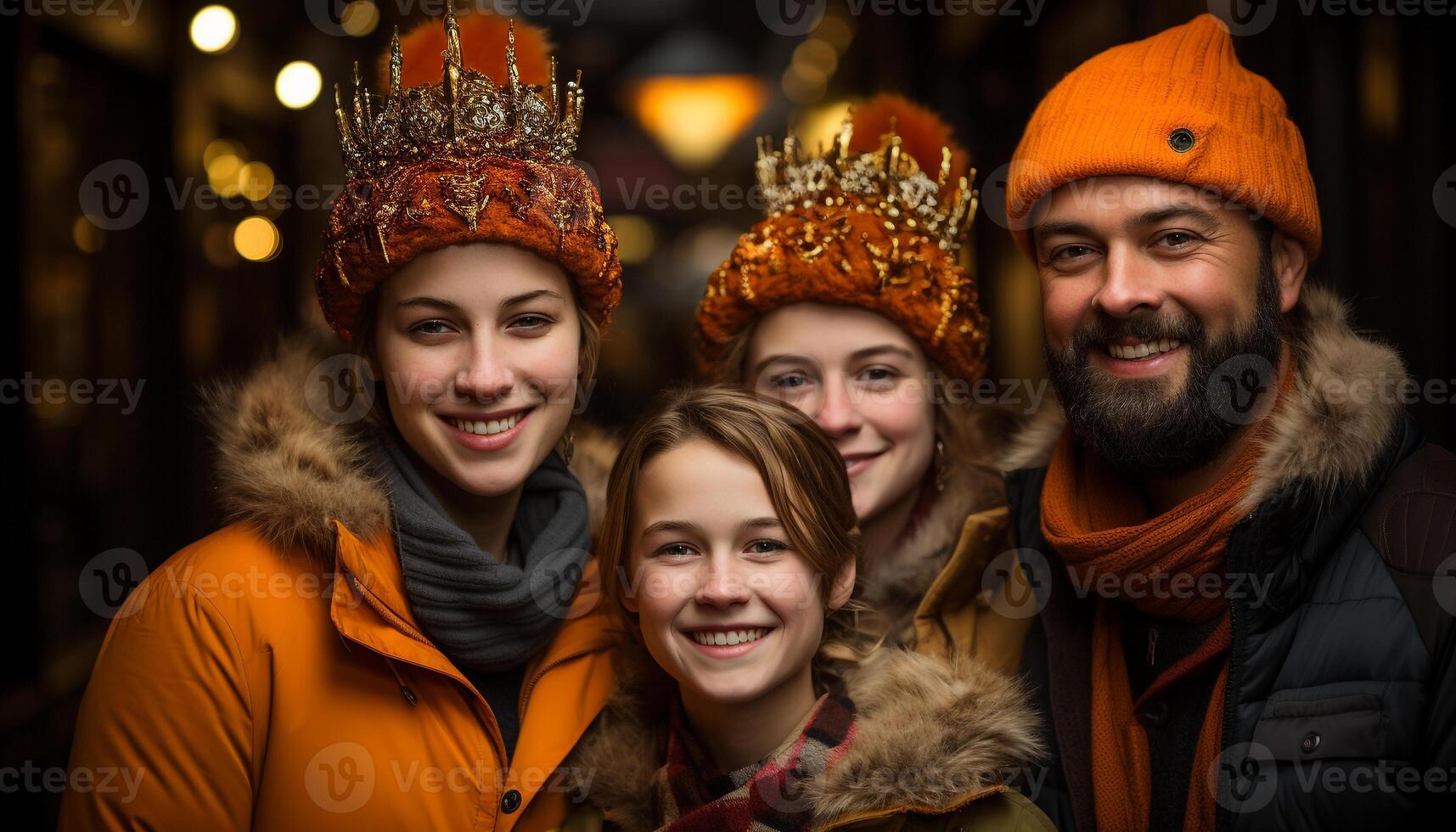 ai gerado sorridente homens e mulheres abraço dentro inverno celebração gerado de ai foto