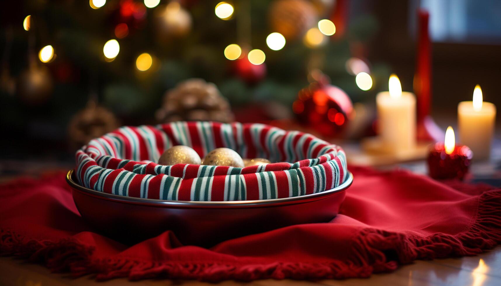 ai gerado Natal celebração luz de velas ilumina a ornamentado mesa dentro de casa gerado de ai foto